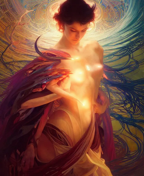 Image similar to a whirlwind of souls ushing inside the metaverse, half body, glowin eyes, d d, fantasy, intricate, elegant, highly detailed, colorful, vivid color, digital painting, artstation, concept art, art by artgerm and greg rutkowski and alphonse mucha and ruan jia