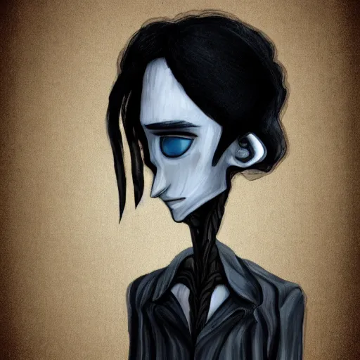 Image similar to young man portrait, black hair, skinny, sleep deprived, corpse bride art style