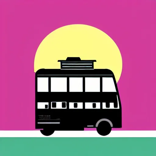 Image similar to minimal vector art sticker of a white and black cute thor chateau! motorhome camper!!, mountains, colorful sunset!!, dramatic, warm happy colors, thick lines, very minimal vector art, sticker!! by tom whalen