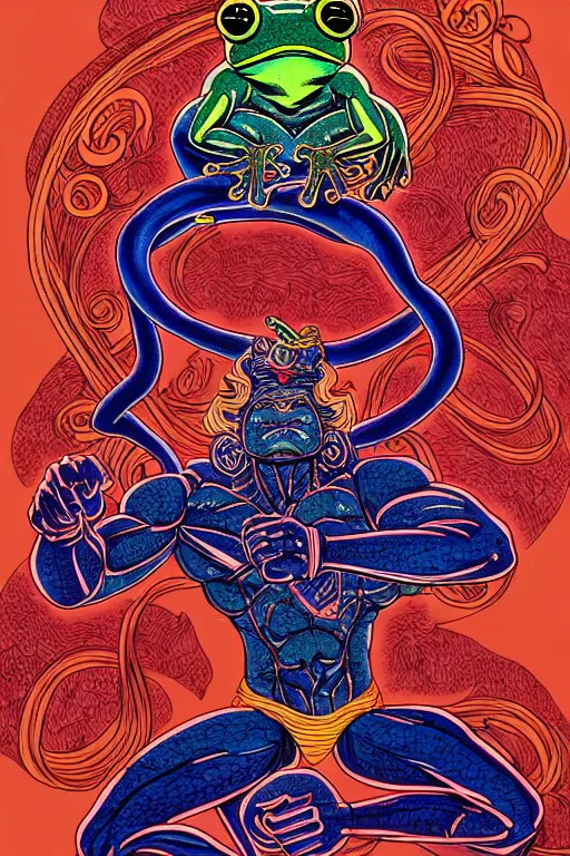 Prompt: illustration of a buff man riding a frog, lightning and static surges around him, intricate linework, in the style of moebius, ayami kojima, 1 9 9 0's anime, retro fantasy