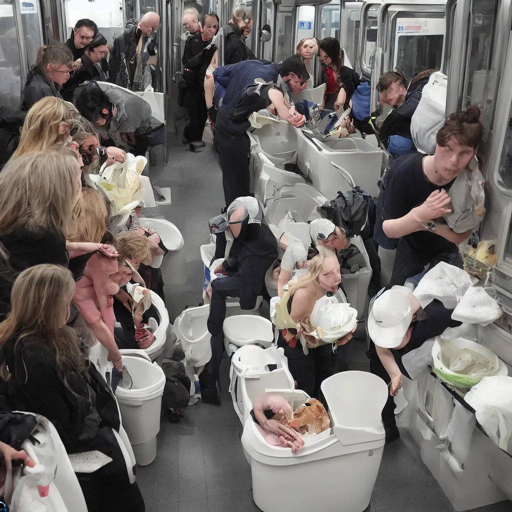 Image similar to people were flushing their cats down the toilet. this was for a charity, unspecified but highly regarded. people were on the train, looking at artefacts from outer space, listening to talk show djs discussing