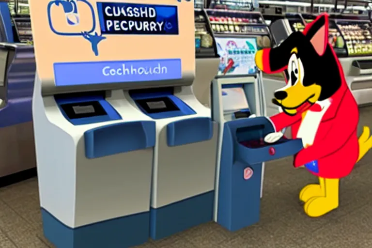 Prompt: huckleberry hound trying to use a self checkout with cash