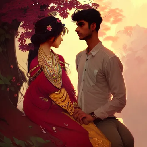 Image similar to portrait of beautiful young bengali romantic couple fantasy, intricate and very very beautiful and elegant, highly detailed, digital painting, artstation, concept art, smooth and sharp focus, illustration, art by tan zi and ayanamikodon and alphonse mucha and wlop