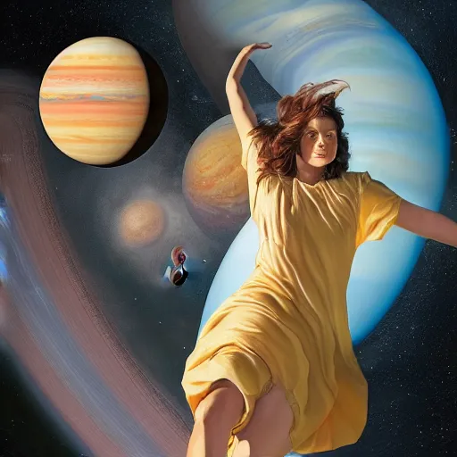 Prompt: giant woman floating among the planets in the solar system, oil on canvas, intricate, 8k highly professionally detailed, HDR, CGsociety