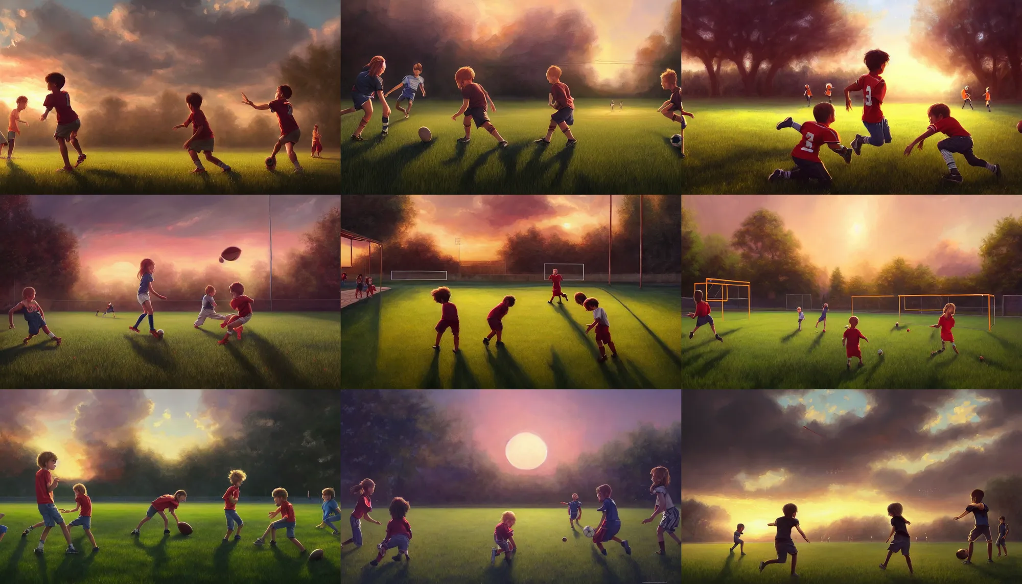 Image similar to beautiful painting of backyard football field with a pair of playing children during sunset, wide shot, digital painting, intricate details, trending on artstation, concept art, octane render, realistic, highly detailed, smooth, sharp focus, beautiful, 4 k, 8 k, hd, art by charlie bowater and artgerm and greg rutkowski