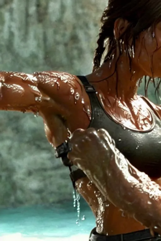 Image similar to a film still of lara croft, close up face detail, muscular, drenched body, photography, wet dripping hair, emerging from the water