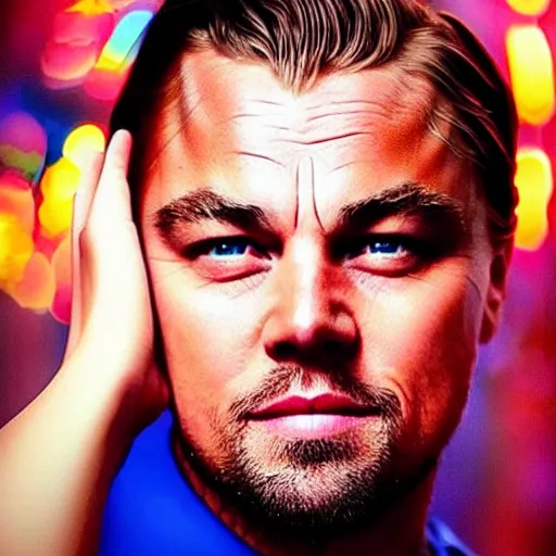 Image similar to “Leonardo DiCaprio, beautiful, Magic FX, red blue colors, lights, bokeh, highly detailed portrait, photorealistic, ultra detailed”