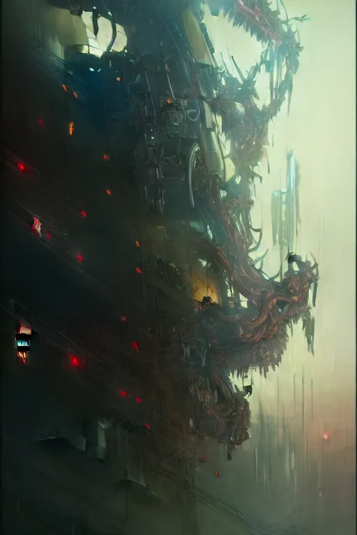 Image similar to dreamland of chinese, ghost, sharp, slender and densely arranged teeth, dystopian, cyberpunk, nanotech demonic monster horror, mecha, ominous, intricate, studio, art by anthony macbain + greg rutkowski + alphonse mucha, concept art, 4 k, sharp focus