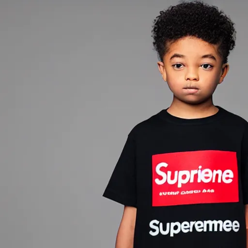 Prompt: short kid wearing a supreme shirt, detailed, studio