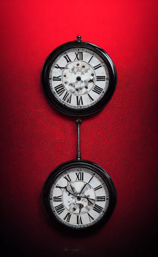 Image similar to a melting Roman numeral clock, behind a red and black gradient background, awith a black heart shaped on the top left corner and a black diamond card shape in the bottom right corner, dynamic lighting, photorealistic fantasy concept art, trending on art station, stunning visuals, cinematic, creative, ultra detailed