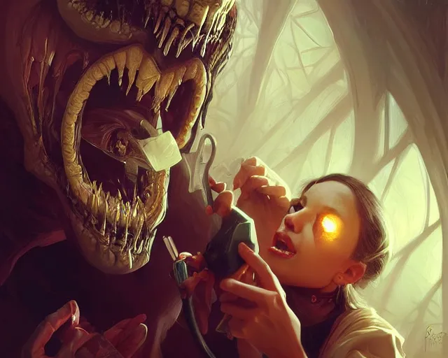 Image similar to dentist, horror, scary, teeth, drill, deep focus, d & d, fantasy, intricate, elegant, highly detailed, digital painting, artstation, concept art, matte, sharp focus, illustration, hearthstone, art by artgerm and greg rutkowski and alphonse mucha