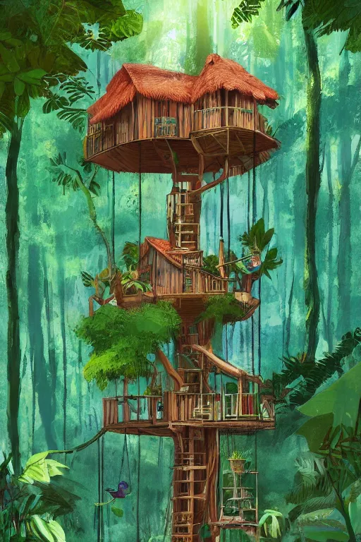 Prompt: tree house in the rainforest, swings, garden, by alba ballesta gonzalez. 4 k wallpaper, digital flat 2 d, comic book cover, illustration, cinematic lighting.