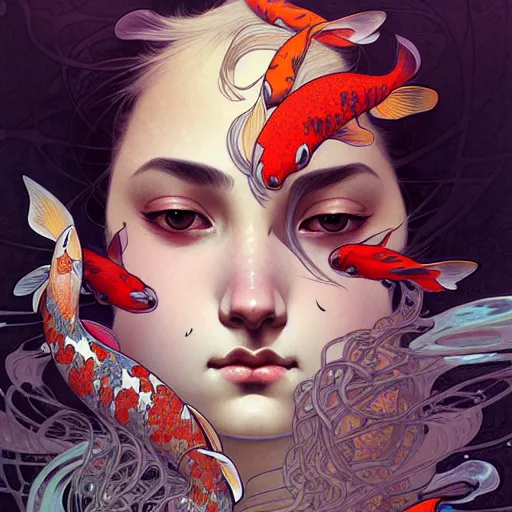 Image similar to Portrait of a girl surrounded by Koi fish, face, fantasy, intricate, elegant, highly detailed, digital painting, artstation, concept art, smooth, sharp focus, illustration, art by Loish and Artem Demura and alphonse mucha