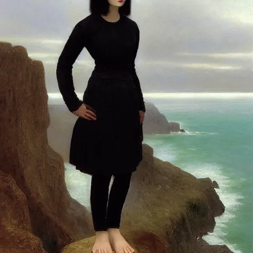 Image similar to 1 7 - year - old pale - skinned persian girl with black long bob cut, long bangs, black gothic jacket, black jeans, psychic girl, psychokinetic girl, standing on cliff along the irish coast, overcast gray skies, ultra - realistic, sharp details, subsurface scattering, intricate details, art by william - adolphe bouguereau