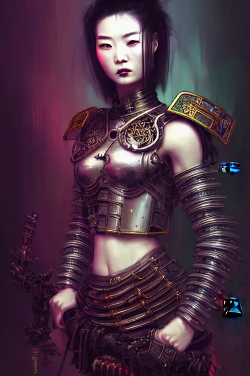 Image similar to beautiful and divine and luxury and evil and dieselpunklpunk three kingdom chinese female armor knight portrait+smoky eyes, ssci-fi, fantasy, neon light, inside the chinese temple, art and illustration by tian zi and craig mullins and WLOP and alphonse mucha, fantasy, intricate complexity, human structure, human anatomy, fantasy character concept, watermark, blurry, hyperrealism 8k