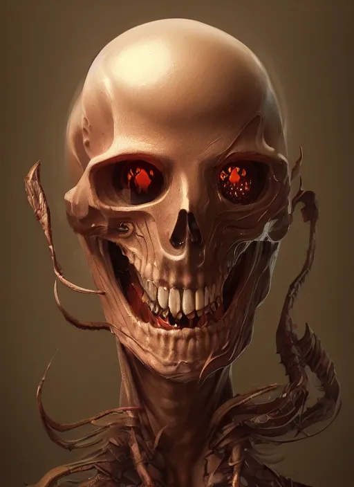 Image similar to anthropomorphic death smiling, au naturel, hyper detailed, digital art, trending in artstation, cinematic lighting, studio quality, smooth render, unreal engine 5 rendered, octane rendered, art style by klimt and nixeu and ian sprigger and wlop and krenz cushart