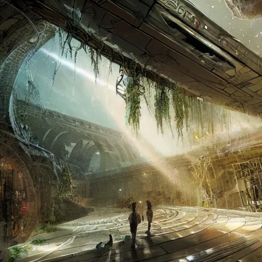 Image similar to space utopia where the path ways are filled with fauna, intricate building design, dynamic lighting, photorealistic fantasy concept art, trending on art station, stunning visuals, creative, cinematic, ultra detailed, ray tracing, sun rays