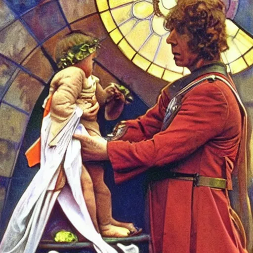 Image similar to baby gamorian guard being looked after by tom baker dr who, alphonse mucha