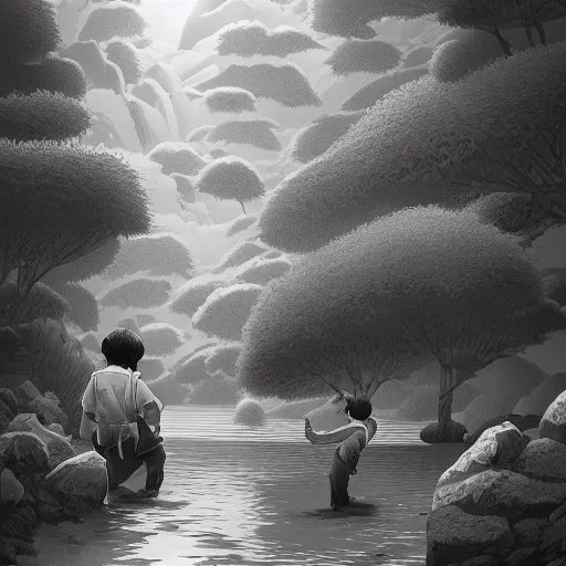 Prompt: character design, twin brothers doing nonsensical stuff in a river or something, in the style of killian eng kawase hasui james jean, artstation trending, 8 k, photorealistic, volumetric lighting caustics, black and white, detailed af