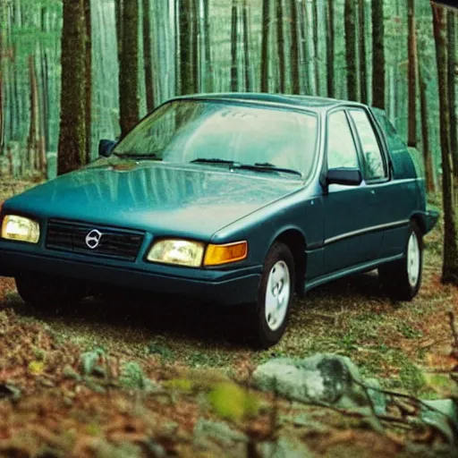 Image similar to vhs footage of a 1 9 9 5 volvo car in a boreal forest
