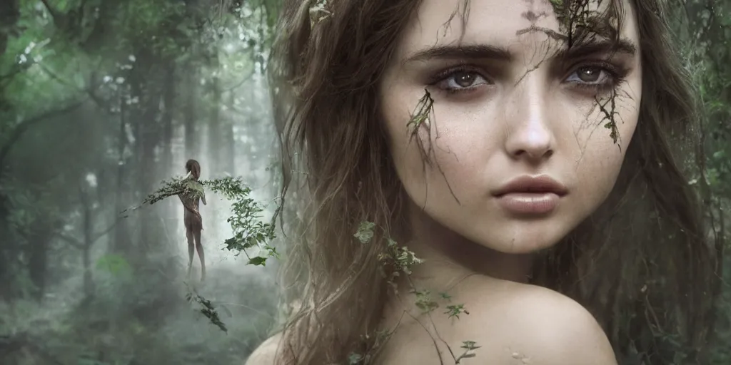 Image similar to a forest nymph in an ancient forest, ana de armas, flawless symmetrical pretty cute face, greg rutkowski, 8 k, shallow depth of field, intricate detail, concept art,