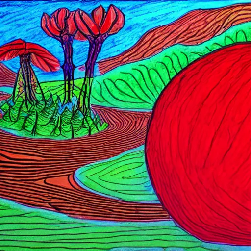 Image similar to drawing of nature after humanity has been extinct outsider art style red ballpoint pen