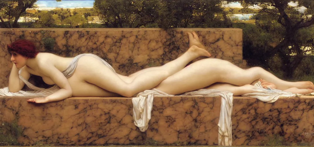 Prompt: extreme emphasis on 3 dimensional form, woman lying on stone. by herbert james draper, sir lawrence alma - tadema, john william godward. oil painting on wood. 1 9 0 0