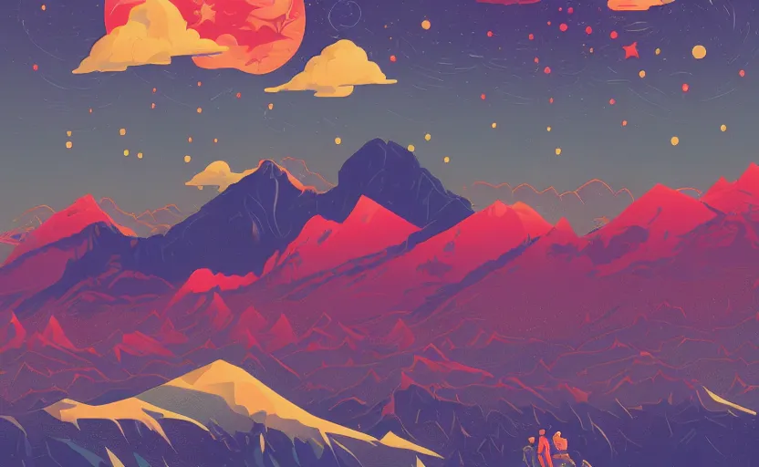 Prompt: mountains, stars and paisley filled sky, artstation, intricate, highly detailed, digital painting, concept art, sharp focus, illustration by tom whalen and charles williams and kilian eng