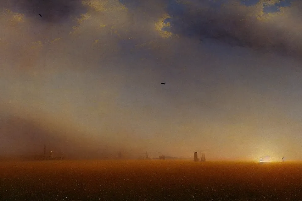 Image similar to sci-fi painting of a large alien city, the closed back view of one humanoid robot on the ground, vast wheat fields, by Ivan Aivazovsky, godrays, atmospheric, cinematic, detailed