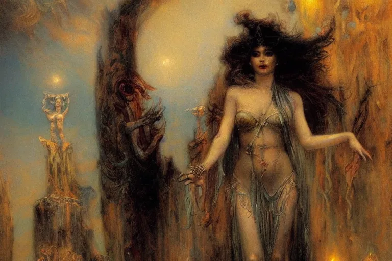 Image similar to portrait of the personification of the goddess of nightmares. art by gaston bussiere.