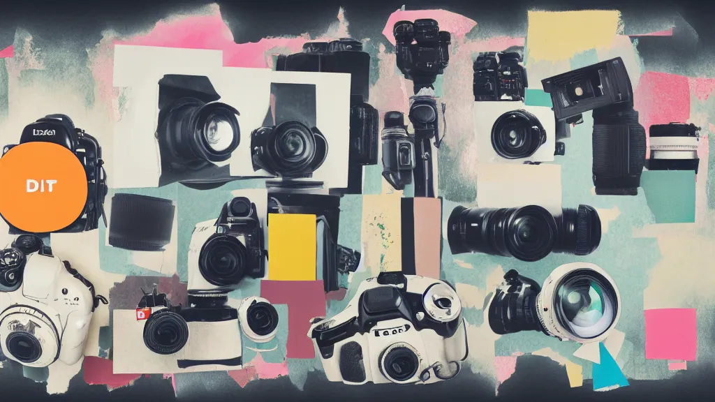 Image similar to an arrangement of dslr photographer traveller props, japan, a collage painting, in the style of wes anderson, lola dupre, david hockney, isolated on negative white space background dark monochrome neon spraypaint accents volumetric octane render