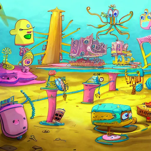 Image similar to bikini bottom drawn by stephen hillenburg, dynamic lighting, fantasy concept art, trending on art station, stunning visuals, creative, cinematic, ultra detailed