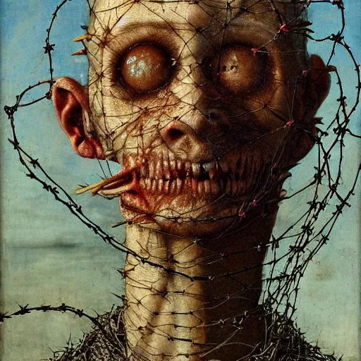 Image similar to a boy made of barbed wire looking into camera, screaming in pain, by giuseppe arcimboldo and ambrosius benson, renaissance, intricate and intense oil paint, a touch of beksinski and hr giger and edward munch, realistic