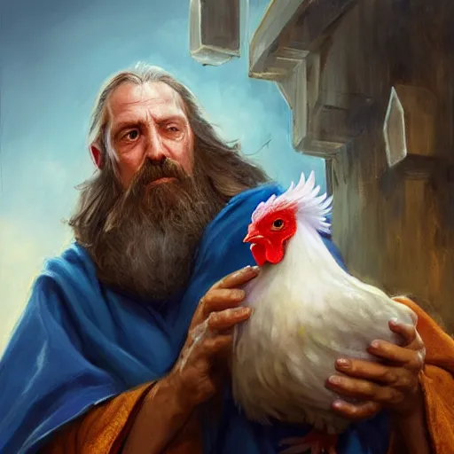 Prompt: a portrait of a wizard with his pet chicken by Johan Grenier, confused facial expression, blue robe, long beard, ArtStation, realistic, detailed