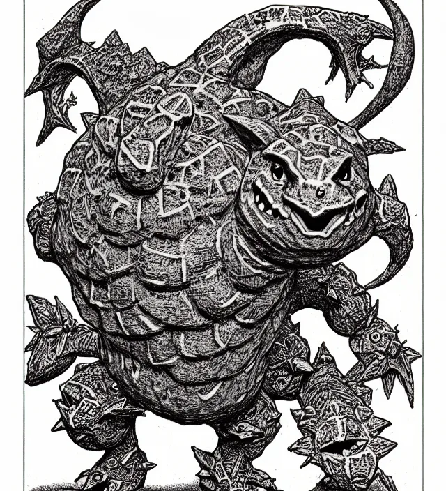 Image similar to ivysaur as a d & d monster, full body, pen - and - ink illustration, etching, by russ nicholson, david a trampier, larry elmore, 1 9 8 1, hq scan, intricate details, stylized border