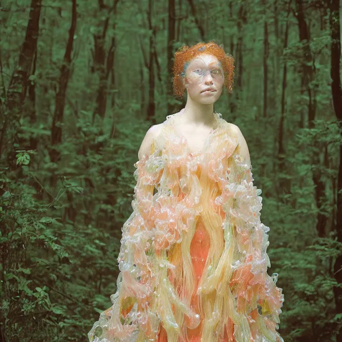Prompt: a closeup portrait of a woman wearing a dress made of jelly fish and eels, standing in a forest, color photograph, by vincent desiderio, canon eos c 3 0 0, ƒ 1. 8, 3 5 mm, 8 k, medium - format print