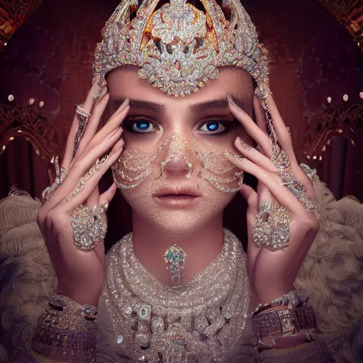 Image similar to portrait of pretty princess with perfect skin, glowing, ornate and intricate diamond jewelry, jaw dropping beauty, ornate and intricate backdrop, white accent lighting, hyper detailed, 4 k octane render