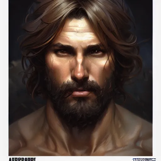 Image similar to portrait of rugged male ranger muscular fantasy intricate elegant headshot portrait detailed face coherent face highly detailed digital painting artstation concept art smooth sharp focus illustration art by artgerm and greg rutkowski and alphonse mucha
