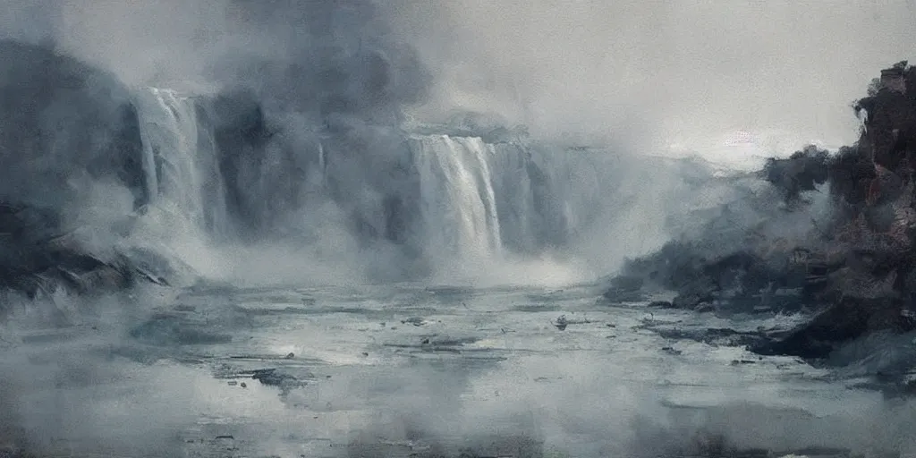 Image similar to loose gestural atmospheric painting of niagara falls by jeremy mann