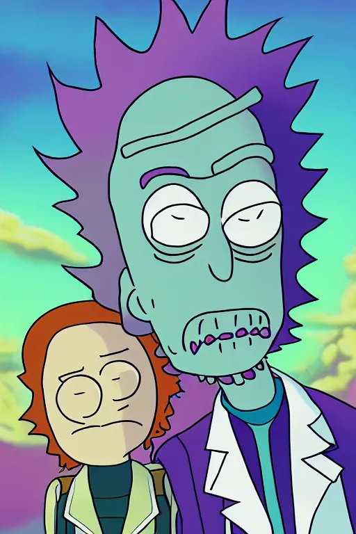 Image similar to portrait concept art painting of alternate reality rick and morty, toon shading, cel shading, smooth, calm, tranquil, vaporwave colors,