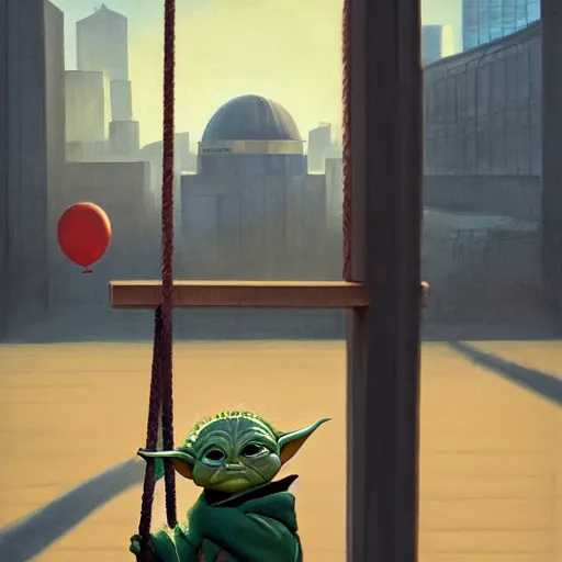 Prompt: masterful oil on canvas painting, eye - level view, medium - shot, baby yoda is at the busy school playground in a cyberpunk city. baby yoda smiles and plays on a swing set. golden hour. realism, detailed, depth, chiaroscuro, limited color palette. in the background some balloons float in the sky. mandalorian ( tv ).