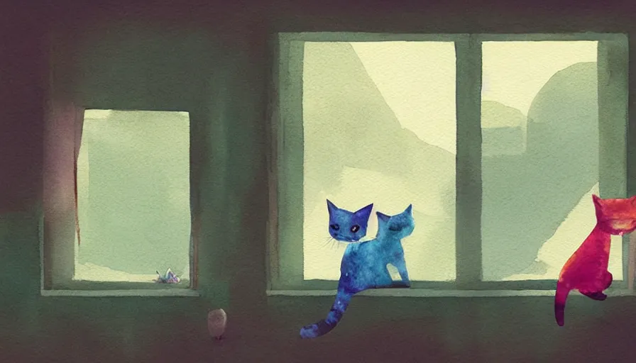 Prompt: watercolor illustration style, cute cats looking out the window, inspired by tearaway, dreamy aesthetic, misty, trending on artstation, vivid colors, 8 k, filip hodas, jeremy mann