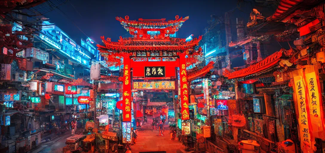 Prompt: ancient chinese cyberpunk shrine, photograph, ultra wide angle, sharp focus, intricate detail, drone shot, high resolution, 8 k, neon streetlights, holographic advertising board hanging everywhere, vivid color