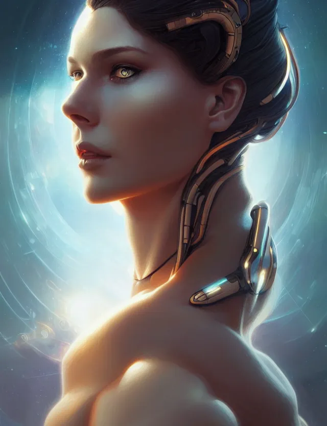 Image similar to futuristic woman portrait, sci-fi, amber eyes, face, long hair, fantasy, intricate, elegant, highly detailed, digital painting, artstation, concept art, smooth, sharp focus, illustration, art by artgerm and greg rutkowski and alphonse mucha