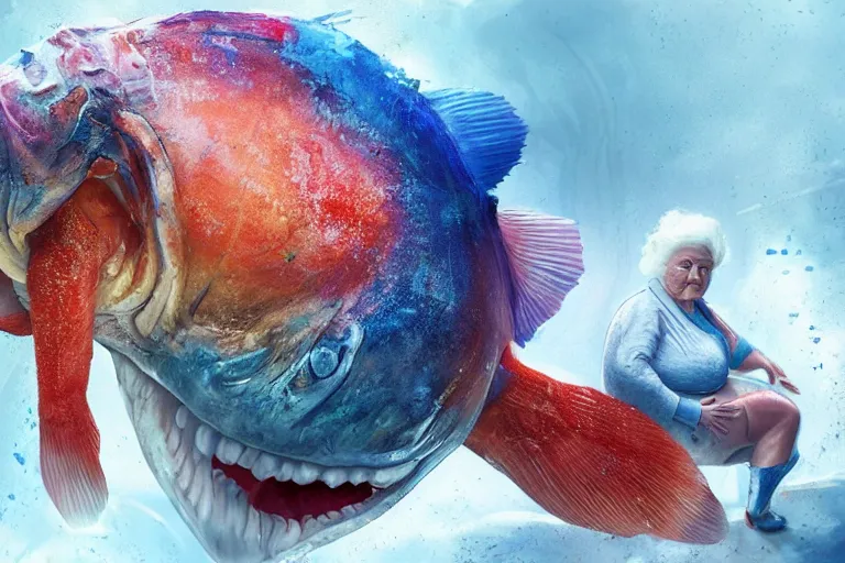 Image similar to of a very beautiful scene. ambient occlusion render. a sweet fat old woman is giving a birth to a huge colorful fish. hyper realistic. 4 k. wide angle. wild. symmetrical face, red mouth, blue eyes. deep focus, lovely scene. ambient occlusion render. concept art. unreal engine.