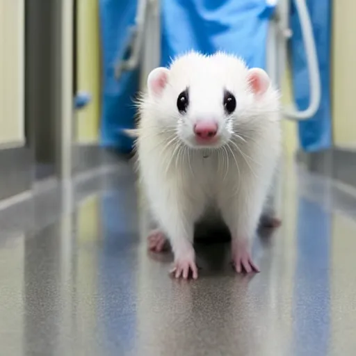 Prompt: a ferret in a hospital gown walking through a hallway from one room to the next dragging an IV on wheels behind it