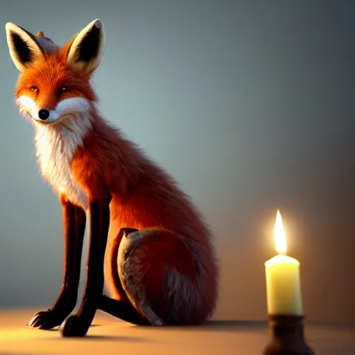 Image similar to a beautiful hyper realistic ultra detailed lifelike matte painting of a fox in front of a candle, unreal engine, deviantart, flickr, artstation, octane render, textured, colorful, extreme realistic detail, physically based rendering, pbr render, very detailed, volumetric lighting, detailed lighting, octane render, 4 k, cinematic lighting, 8 k resolution