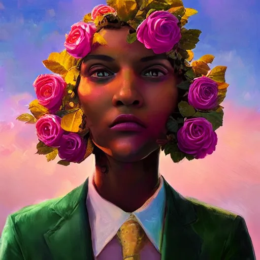 Image similar to closeup, huge rose flower face, frontal, a girl in a suit, surreal photography, sunrise, dramatic light, impressionist painting, digital painting, artstation, simon stalenhag