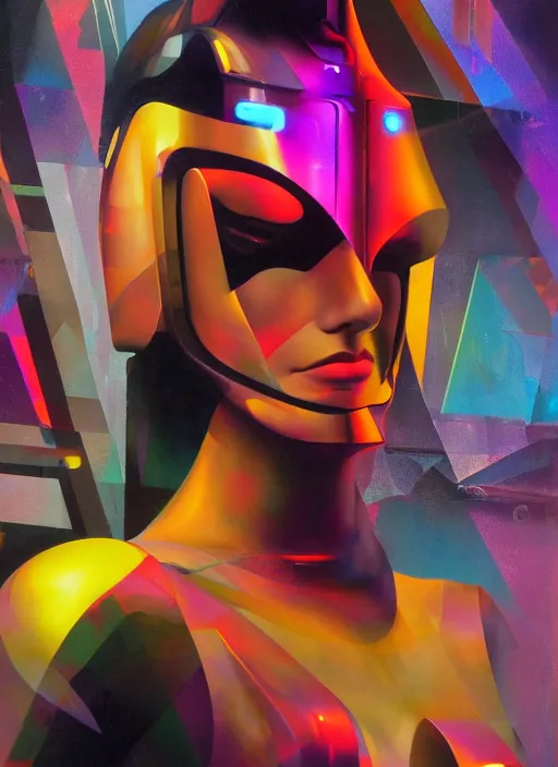 Image similar to futuristic lasers, data visualization, cyberpunk bodysuit, mask, laserpunk, visor, rain, wet, oiled, sweat, girl pinup, by steven meisel, james jean and rolf armstrong, geometric cubist perfect geometry abstract acrylic and hyperrealism photorealistic airbrush collage painting with retro and neon colors