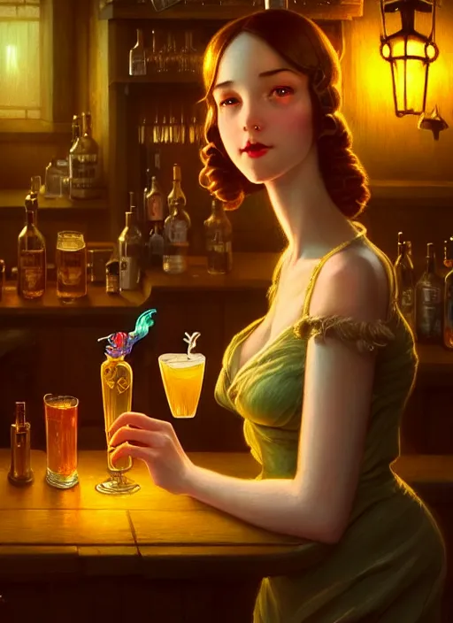 Prompt: a beautiful barmaid, dimly lit cozy tavern, relaxed pose, fantasy, art deco, detailed painterly digital art style by WLOP and Cory Loftis, 🍸🍋, 8k octane beautifully detailed render, post-processing, extremely hyperdetailed, intricate, epic composition, grim yet sparkling atmosphere, cinematic lighting + masterpiece, trending on artstation, very detailed, vibrant colors